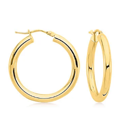 14K Italian Yellow Gold 25mm Round; Gold Hoop Earrings Snap Bar Backing