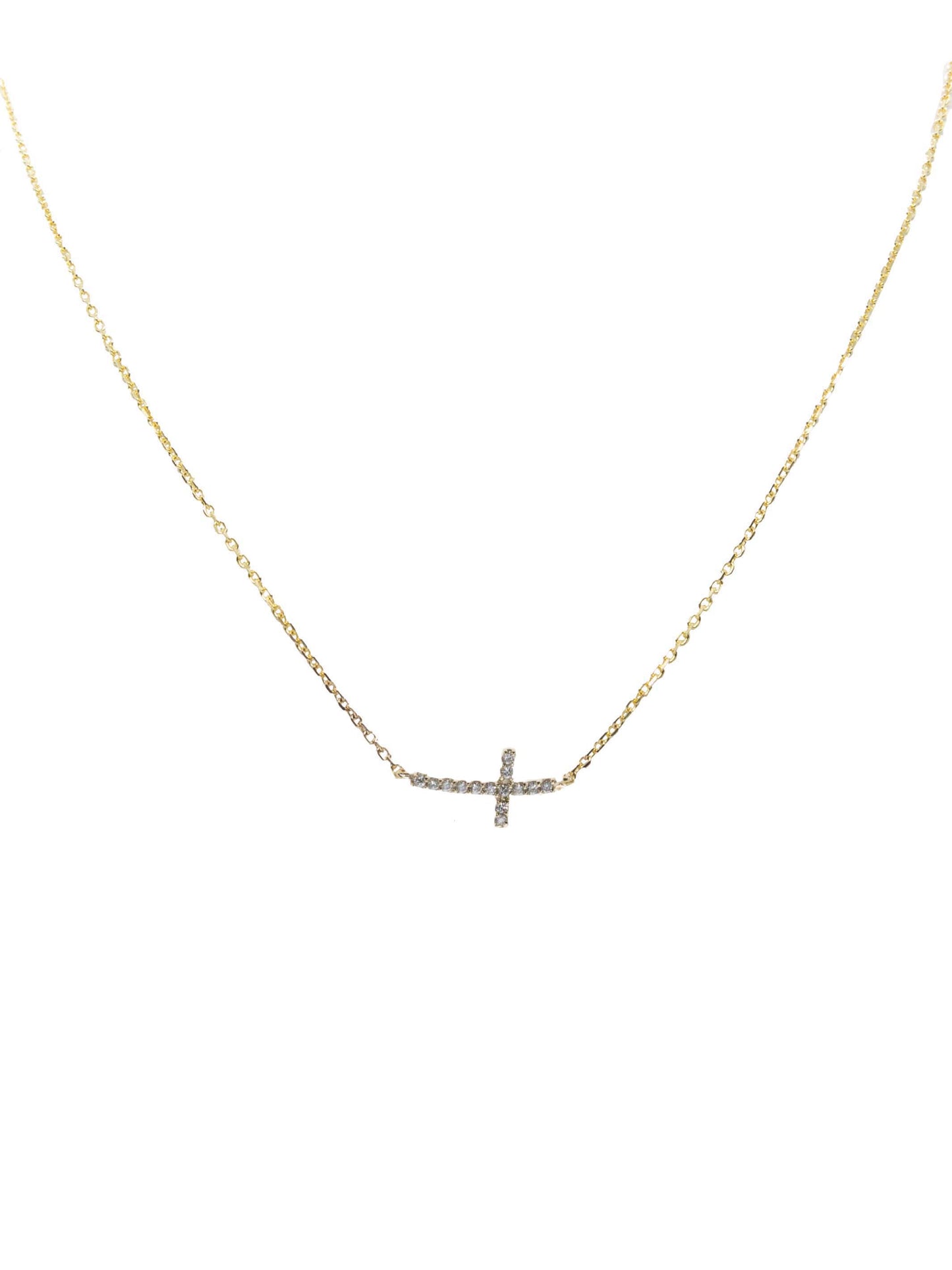 16'-18' Adjustable Mini Sideways Cross Necklace in 14k Yellow Gold